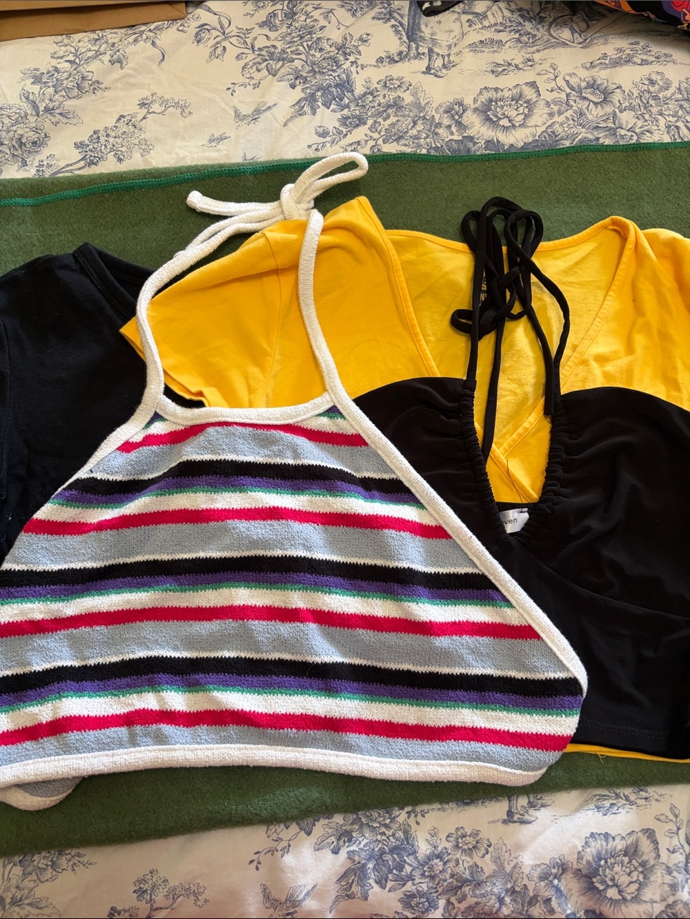 4 Tops Striped Halter Crop Top with Black & Yellow